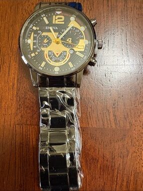 Geneva Black and Gold Analog Chronograph Wristwatch
